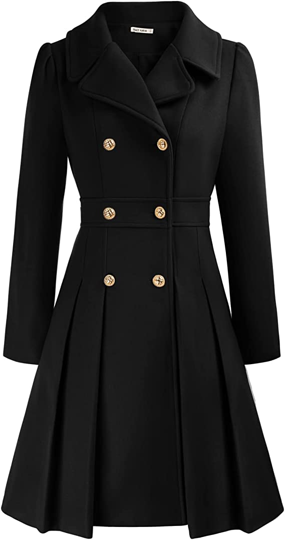 Women's Trench Coat Notch Lapel Double Breasted Thick A Line Wool Pea Coats Jacket with Pockets(S-2XL)