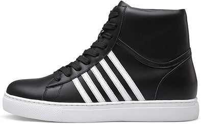 Hidden Heel Sneakers - Men's Leather Elevator Shoes 2.76 Inches Taller, Black, White