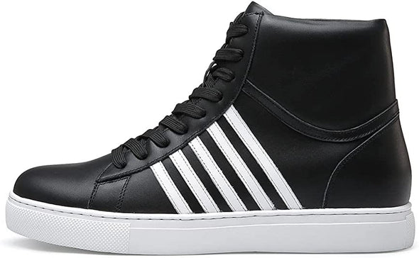 Hidden Heel Sneakers - Men's Leather Elevator Shoes 2.76 Inches Taller, Black, White