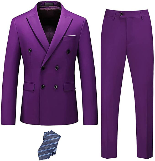 Men's Slim Fit 2 Piece Suit, Double-Breasted Jacket Pants Set with Tie, Solid Party Wedding Dress Blazer, Tux and Trousers Purple