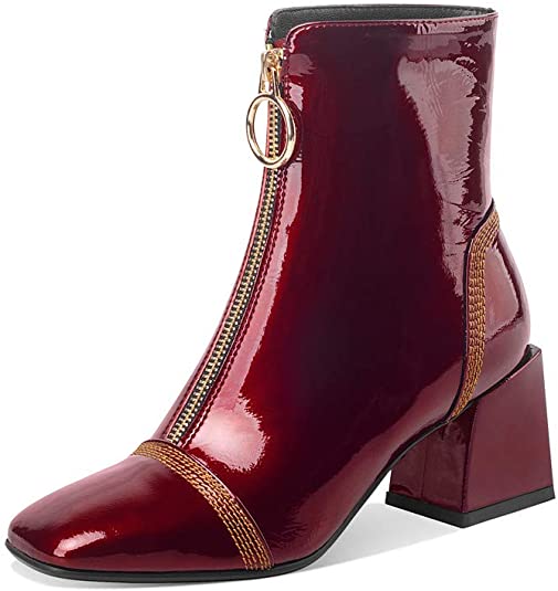 Women's Patent Leather Square Toe Handmade Front Zipper Mid Chunky Heels Trendy Ankle Boots