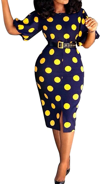 Short Sleeve Mid-Calf Round Neck Print Women's Bodycon Dress Polka Dots Dress