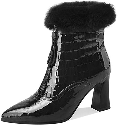 Women's Patent Leather Pointed Toe Handmade Front Zipper High Spool Heel Elegant Ankle Boots with Fur