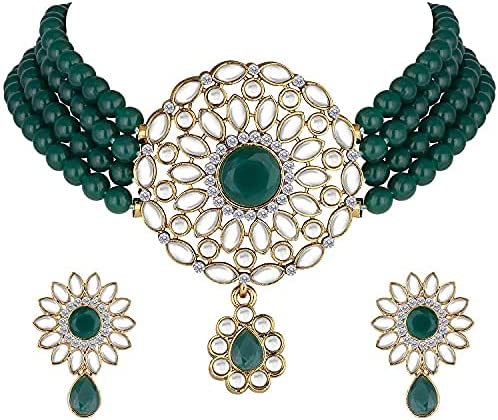 Kundan Pearl Choker Multi Layered Beaded Necklace Earrings Set Indian Traditional Wedding Jewelry for Women Girls