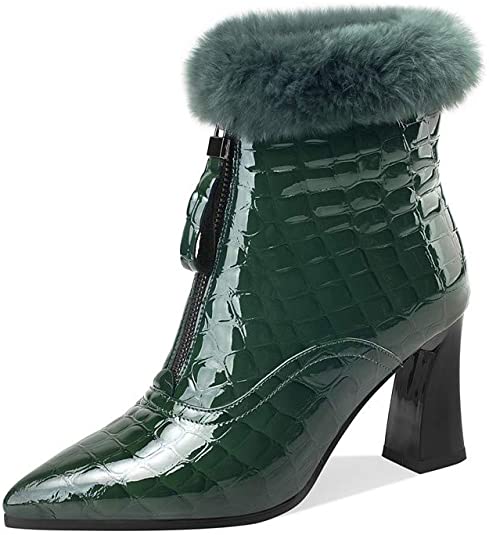 Women's Patent Leather Pointed Toe Handmade Front Zipper High Spool Heel Elegant Ankle Boots with Fur