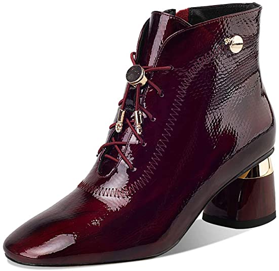 Women's Handmade Patent Leather Round Toe Mid Chunky Heel Side Zip Up Ankle Booties with Adjustable Band