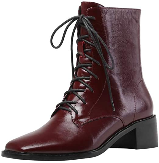 Women's Genuine Leather Square Toe Selftie Handmade Side Zip Low Chunky Heel Vintage Boots