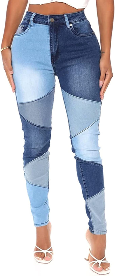 Women Mid Waist Stretchy Patchwork Denim Pants Jeans