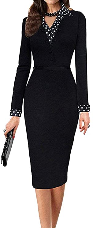 Women's Polka Dot Long Sleeve Wear to Work Office Pencil Dress