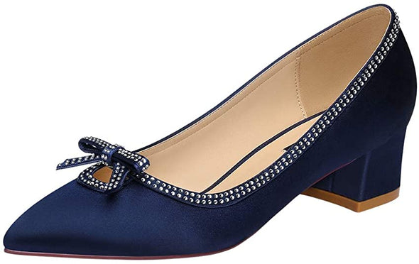 Women Comfort Pumps Chunky Block Low Heels Closed Toe Rhinestones Satin Wedding Bridal Shoes