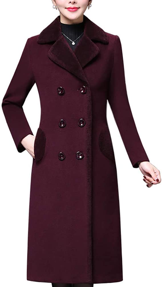 Women's Double-Breasted Notched Lapel Midi Wool Blend Pea Coat Jackets