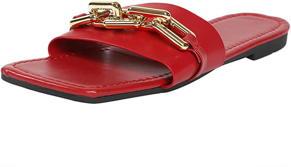 Women Synthetic Leather Flat Sandals - Leather Strap Slides with Chain Open toe Summer Slippers