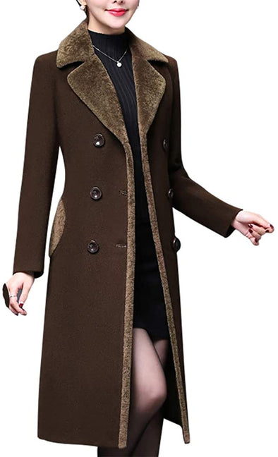Women's Double-Breasted Notched Lapel Midi Wool Blend Pea Coat Jackets