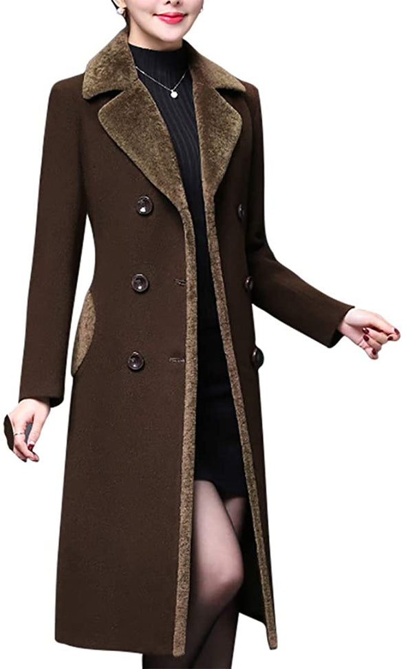 Women's Double-Breasted Notched Lapel Midi Wool Blend Pea Coat Jackets