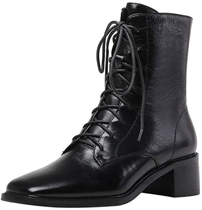 Women's Genuine Leather Square Toe Selftie Handmade Side Zip Low Chunky Heel Vintage Boots