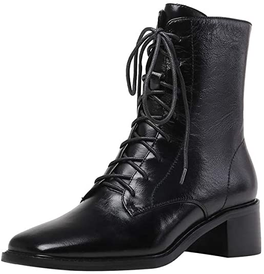 Women's Genuine Leather Square Toe Selftie Handmade Side Zip Low Chunky Heel Vintage Boots