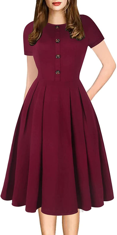 Women's Vintage Elegant Scoop Neck Button Decoration Casual Pockets Swing Dress for Work Party