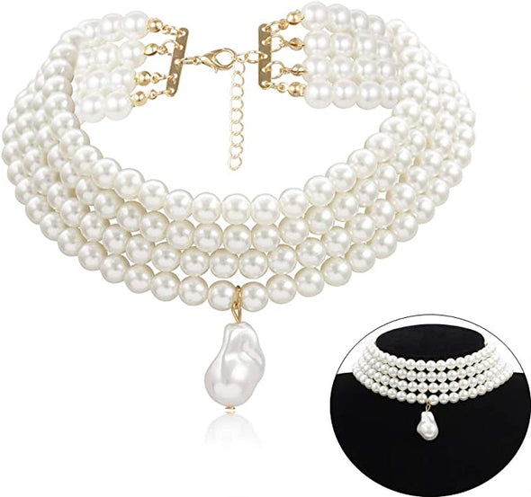 Simulated Pearl Chokers Multi-Layer Pearl Necklace Multi-Strand Pearl Statement Bridal Choker Necklace for Wedding Party Jewelry 20s Flapper Necklace for Party-Round