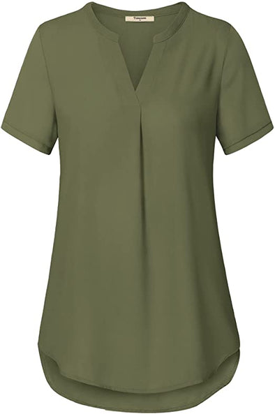 Women's V Neck Short Sleeve Curved Hem Sheer Chiffon Blouse Shirts Tops