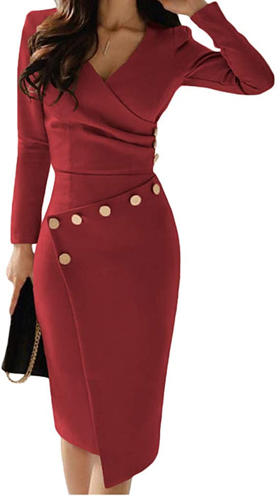 Women's Deep V Neck Casual Work Bodycon Cocktail Party Pencil Midi Dress