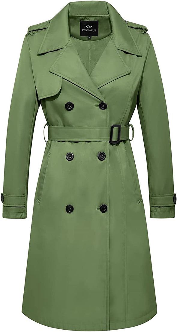 Women's Long Trenchcoat Double Breasted Trench Coat Water Resistant Classic Peacoat with Belt