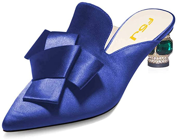 Women Retro Crystal Rhinestone Heeled Mules Pointed Toe Bows Slide Sandals Backless Emerald Bridal Wedding Dress Shoes Size 4-15 US