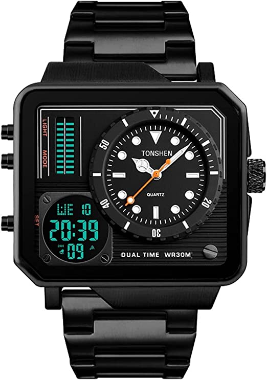 Mens Luxury Fashion Stainless Steel Digital Watches Multifunction Outdoor Military Analog Quartz LED Dual Time Sports Watch Stopwatch Alarm Back Light Rectangular Dial
