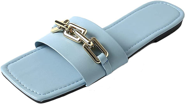 Women Synthetic Leather Flat Sandals - Leather Strap Slides with Chain Open toe Summer Slippers