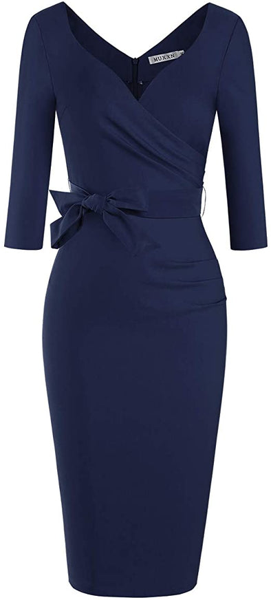 Women's Classic Retro V Neck Half Sleeve Sheath Formal Juniors Dress