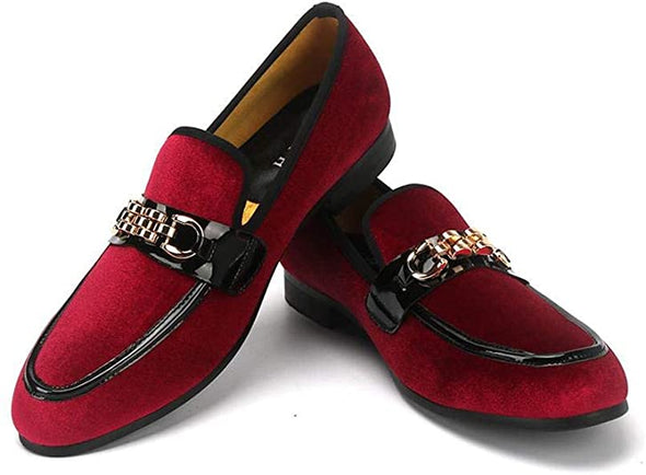 Men's Velvet Loafers,Mens Dress Shoes with Gold Chain, Slip On Flats Smoking Slippers Penny Shoes for Men