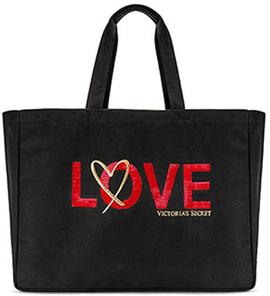 Victoria's Secret Love Tote Weekender Bag, Black Canvas & Red Sequin