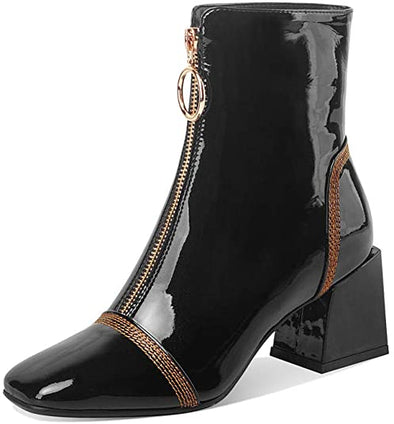 Women's Patent Leather Square Toe Handmade Front Zipper Mid Chunky Heels Trendy Ankle Boots