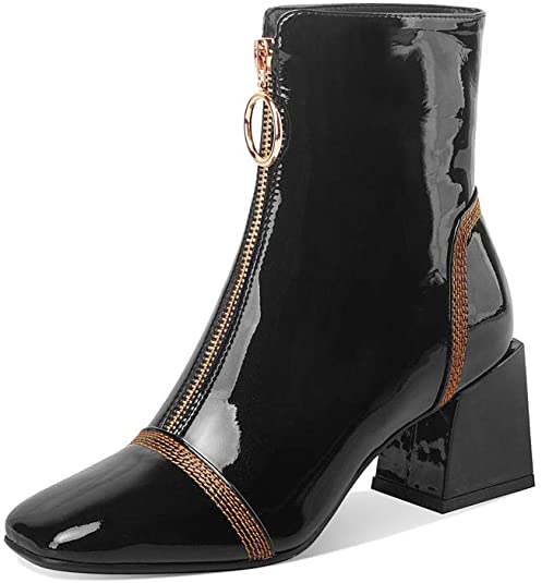 Women's Patent Leather Square Toe Handmade Front Zipper Mid Chunky Heels Trendy Ankle Boots