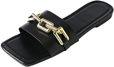 Women Synthetic Leather Flat Sandals - Leather Strap Slides with Chain Open toe Summer Slippers
