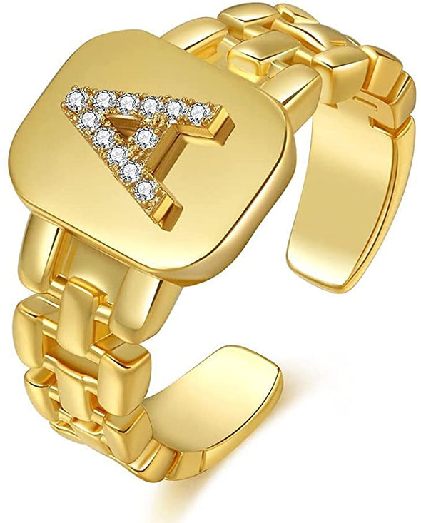 Gold Initial Letter Open Ring Adjustable Women Statement Rings Party Women’s Signet Ring