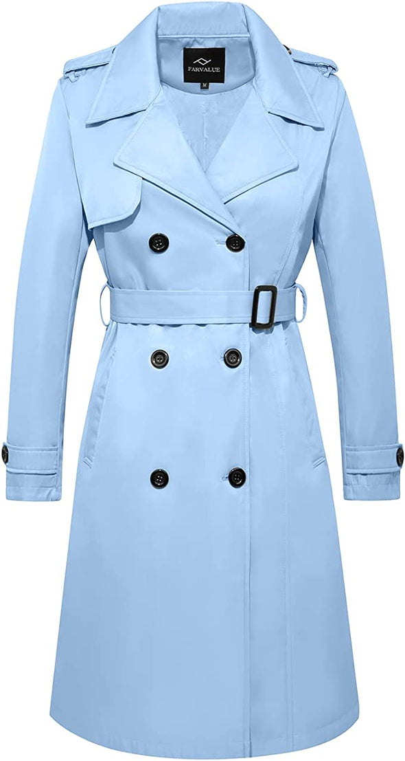 Women's Long Trenchcoat Double Breasted Trench Coat Water Resistant Classic Peacoat with Belt
