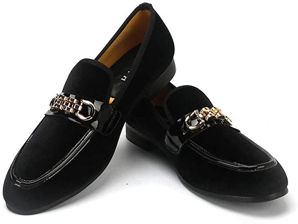 Men's Velvet Loafers,Mens Dress Shoes with Gold Chain, Slip On Flats Smoking Slippers Penny Shoes for Men
