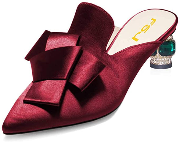 Women Retro Crystal Rhinestone Heeled Mules Pointed Toe Bows Slide Sandals Backless Emerald Bridal Wedding Dress Shoes Size 4-15 US