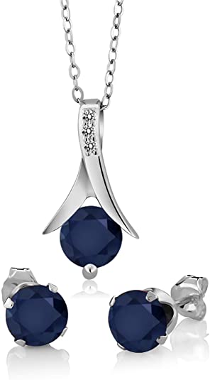 Gem Stone King 925 Sterling Silver Blue Sapphire and White Diamond Pendant Earrings Set, 3.05 Ct Round with 18 Inch Silver Chain