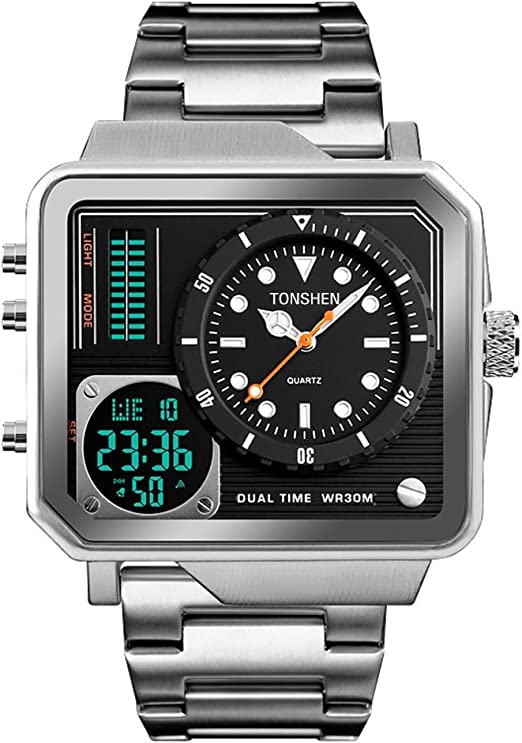 Mens Luxury Fashion Stainless Steel Digital Watches Multifunction Outdoor Military Analog Quartz LED Dual Time Sports Watch Stopwatch Alarm Back Light Rectangular Dial