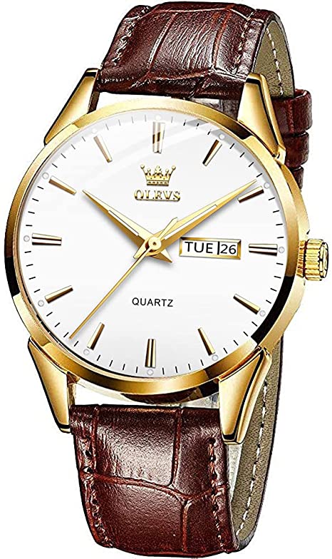 Men Women Watches Brown Leather-OLEVS Classic Analog Quartz Watch Week Date Casual Luminous Black/Blue/White Dial 3ATM Waterproof Wrist Watch Lovers