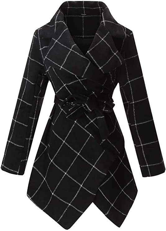 Women's Turn Down Collar Grid Coat Belted Wool Blend Coat Asymmetric Hem Wrap Coat