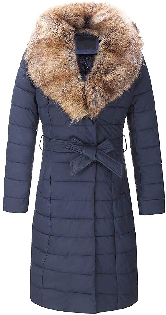 Puffer Jacket Women Winter Fashion Padded Leather Belted Bubble Long Coats with Detachable Faux Fur Collar