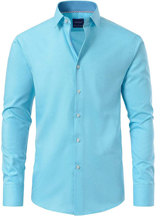 Men's Long Sleeve Slim Fit Casual Shirts Contrast Collar and Convertible Cuffs Dress Shirt