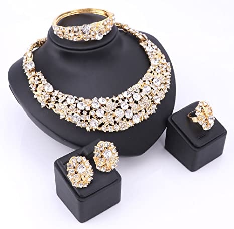 Luxury gold Plated Shinning Flower Crystal Necklace Earrings Bangle Ring Jewelry Set