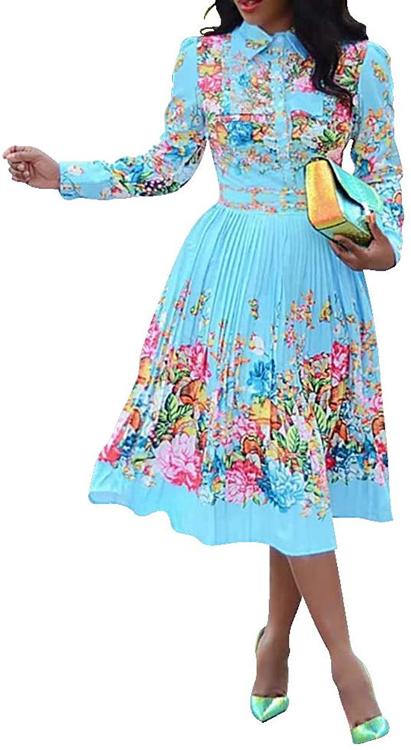 Lapel Three-Quarter Sleeve Knee Length Pleated Floral Women's Sheath Dress