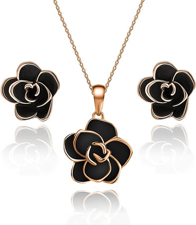 Rose Flower Necklace Earrings Set for Women 18K Gold Plated Hypoallergenic Jewelry Sets