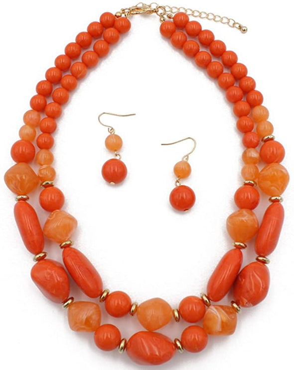 2 Layer Jelly Colored Acrylic Handmade Statement Strand Chunky Beaded Fashion Necklaces and Earring (Style # 2 Orange)