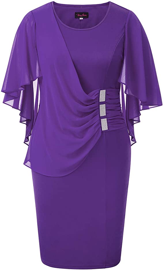 Women's Plus Size Chiffon Ruffle Flattering Cape Sleeve Bodycon Pencil Dress