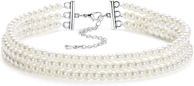 Round Imitation Pearl Choker Necklace Multi Strands Choker 20s Flapper Necklace Accessories for Gatsby Themed Party